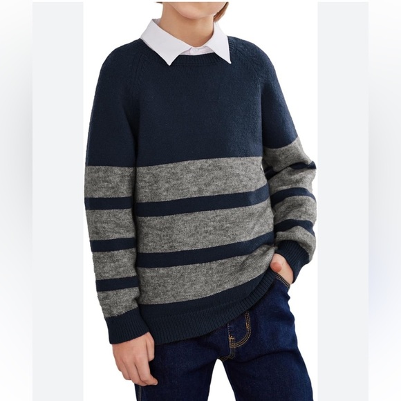 Boys Long Sleeve Striped Knit Crewneck Pullover Sweater Navy Blue Small Medium - Picture 1 of 7
